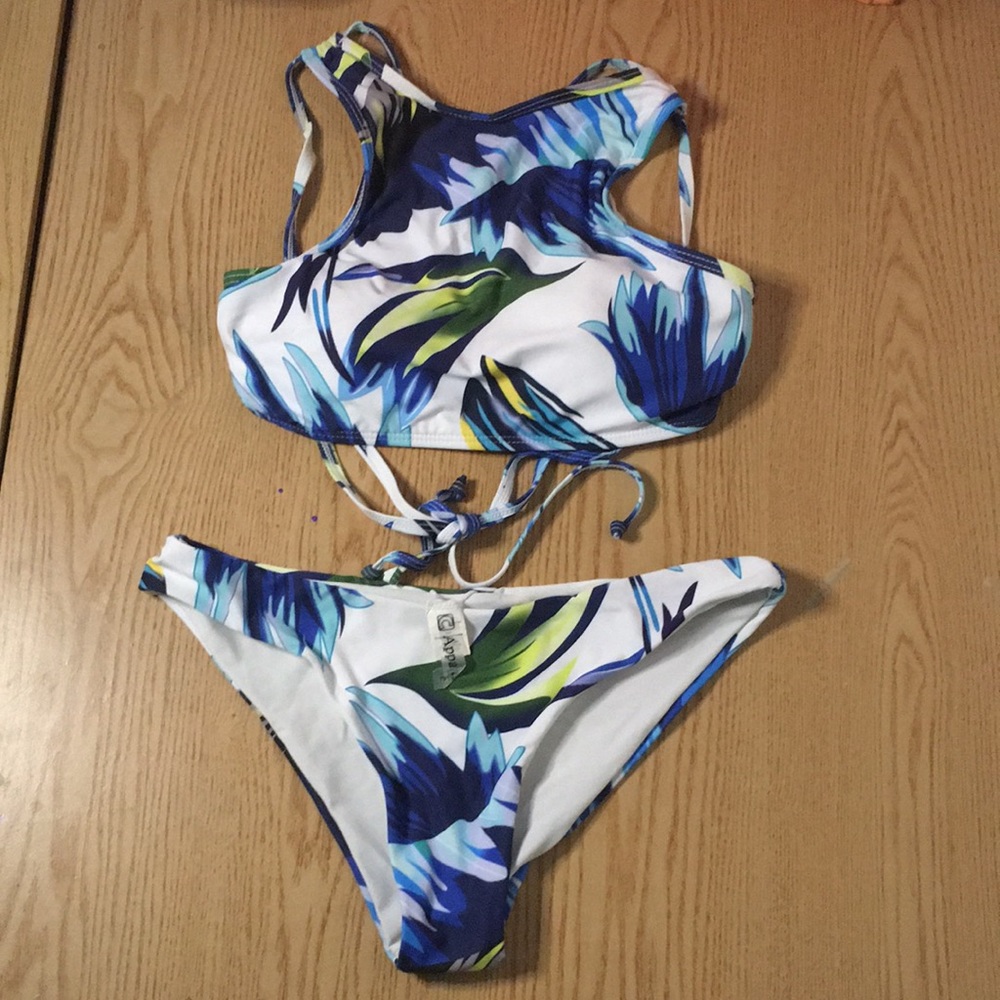Womens Sexy C Apparel 2Pc Tropical Palm Tree Leaves Print Swimsuit Bikini Small